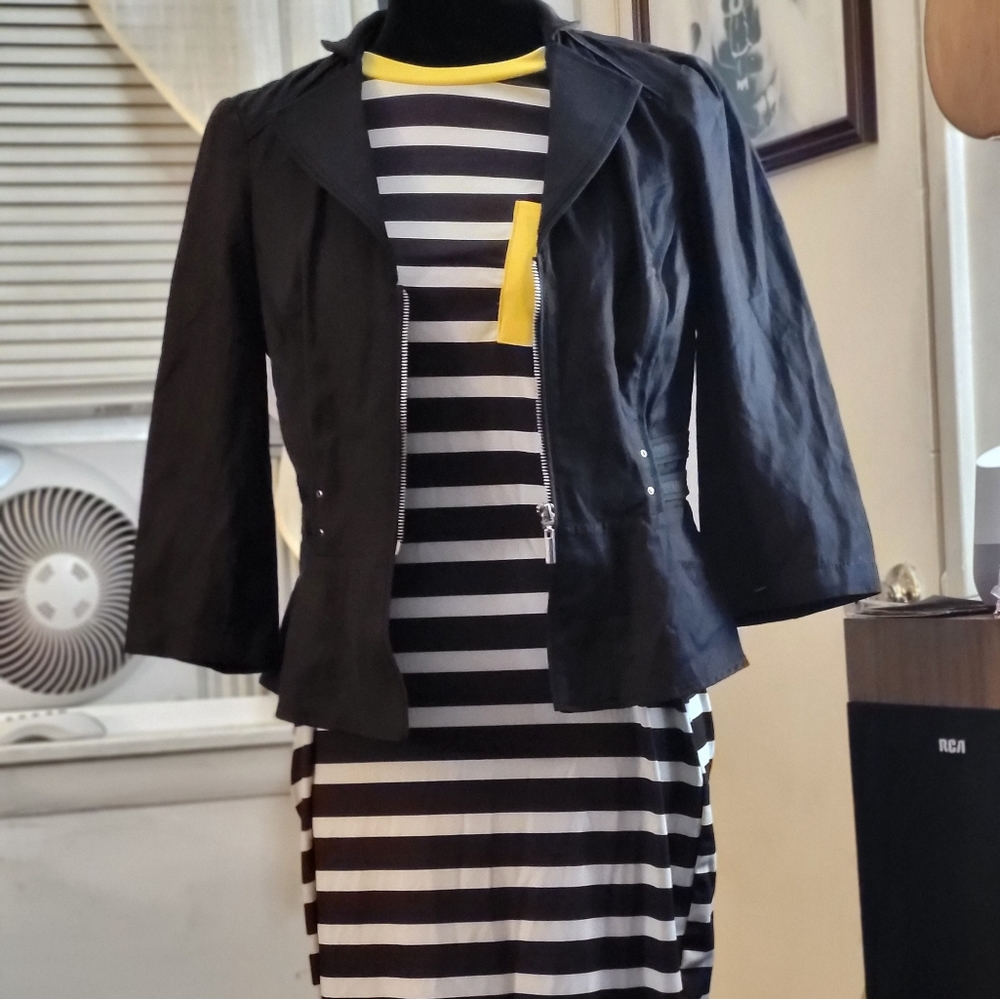Black White & Pop of Yellow Striped Dress w/ Bonus WHBM Jacket!